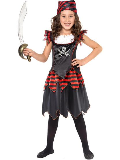 Girls Pirate Skull Crossbones Dress | Red Black Satin Halloween Costume