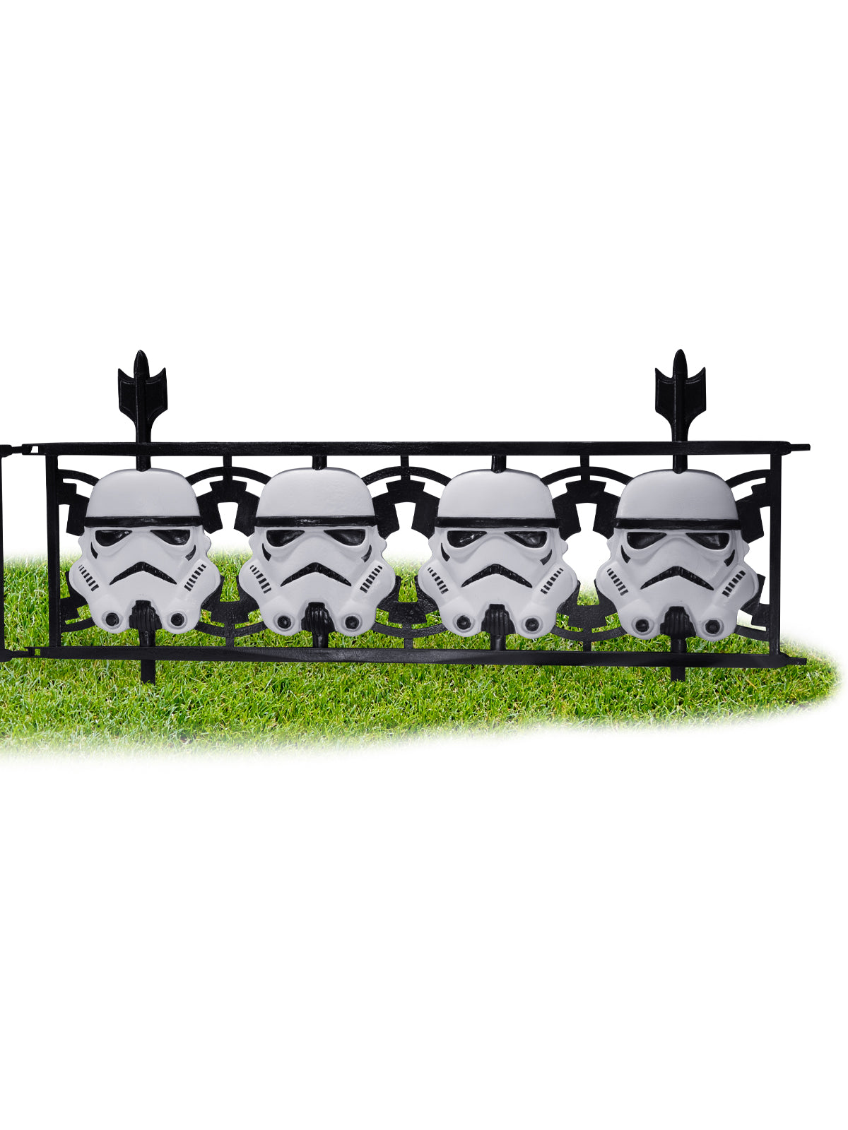 Kids Star Wars Stormtrooper helmet fence panels for themed party decor and playtime fun.