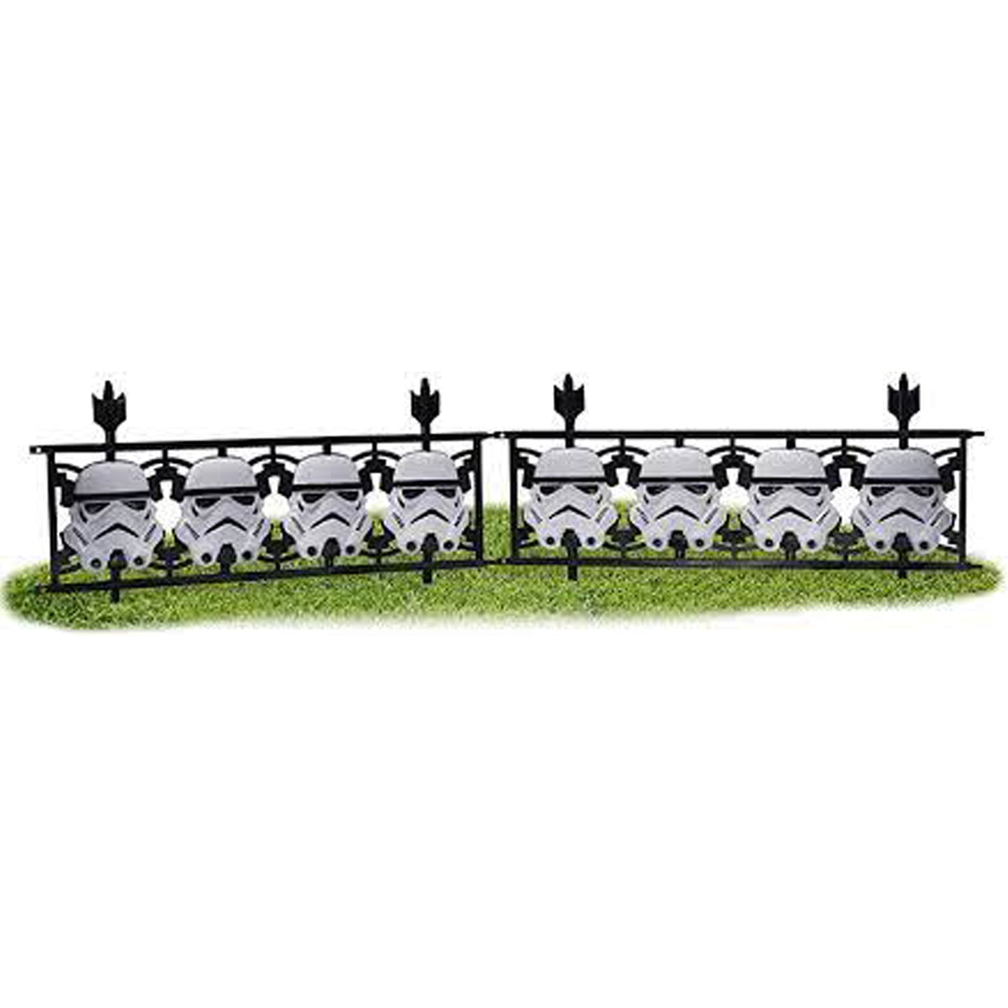 Star Wars Stormtrooper helmet fence panels for kids party decor and play area.