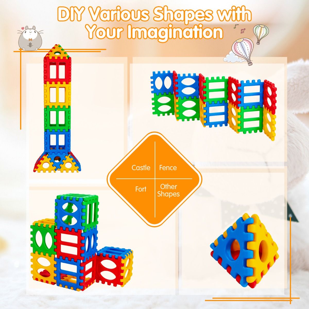 Colorful waffle-shaped building blocks for creative construction, promoting fine motor skills and imaginative play.