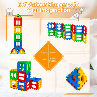 Colorful waffle-shaped building blocks for creative construction, promoting fine motor skills and imaginative play.