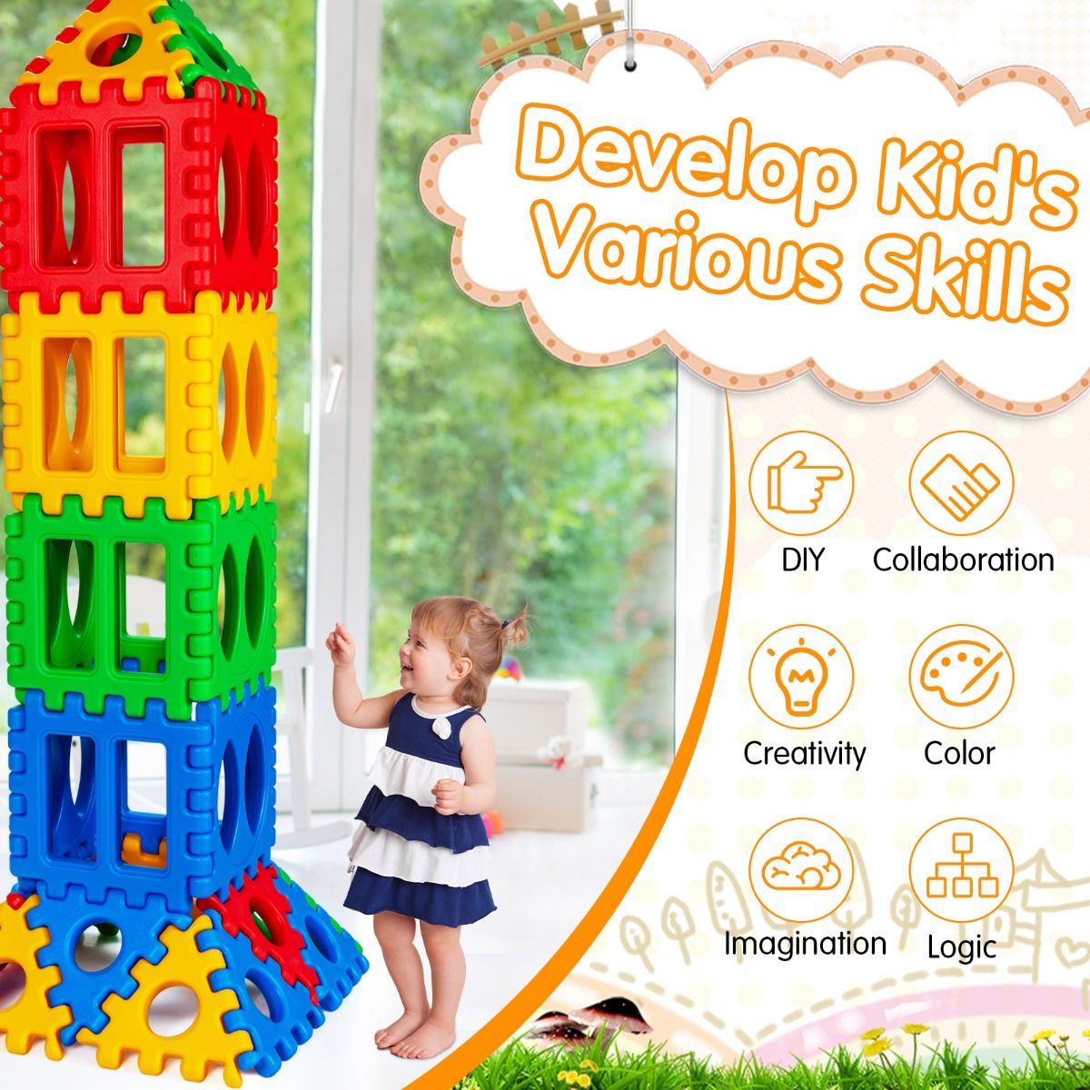 Colorful waffle-shaped building blocks for creative construction play, promoting fine motor skills and imagination.
