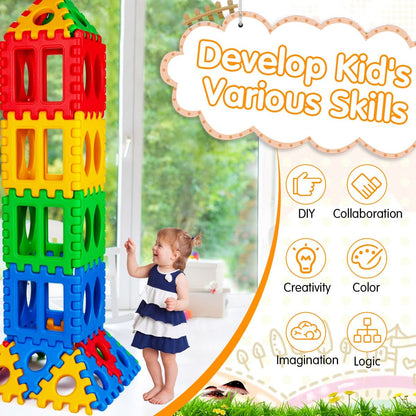 Colorful waffle-shaped building blocks for creative construction play, promoting fine motor skills and imagination.