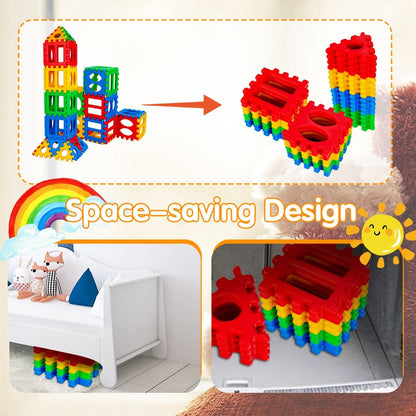 Colorful waffle shaped building blocks for creative construction play, encouraging tactile exploration and imagination.
