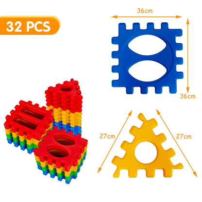 Colorful waffle-shaped building blocks for creative construction, featuring large, easy-to-connect pieces for imaginative...
