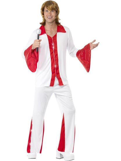 Super Trooper Mens Costume | White Top Red Sparkly 70s Disco