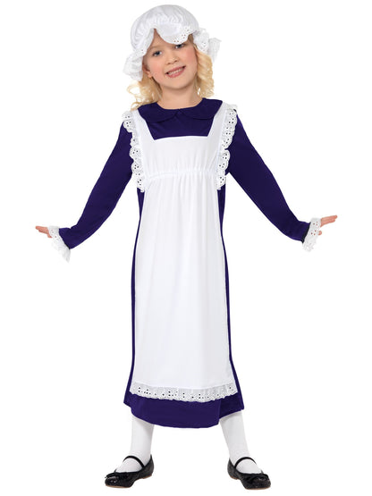 Victorian Poor Girl Blue Dress Costume with Bonnet & Apron Kit