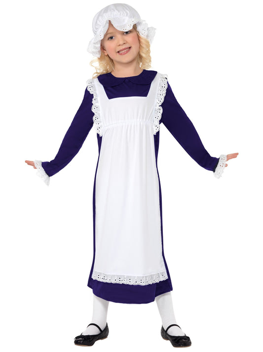 Victorian Poor Girl Blue Dress Costume with Bonnet & Apron Kit
