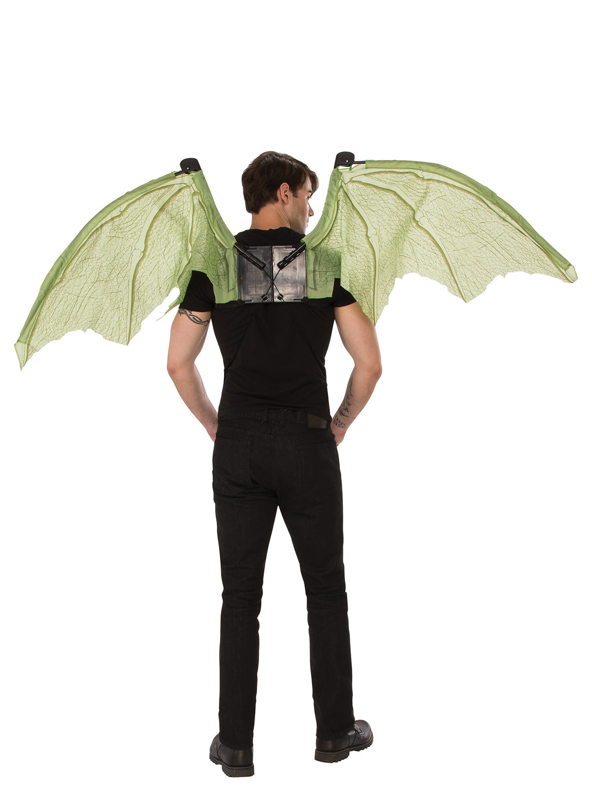 Green scaled dragon wings costume accessory adds fantasy flair for mythical creature transformations and cosplay events.