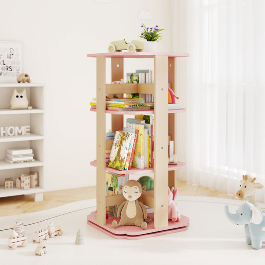 Costway 360 Spinning 3-Tier Kids Book Shelf Tower with 12 Sectors-Pink