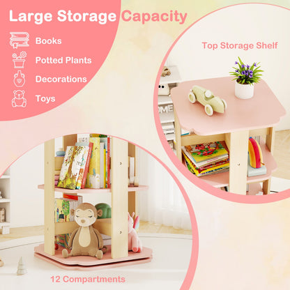 Pink 360 Spinning Kids Bookshelf | 3 Tier 12 Compartments