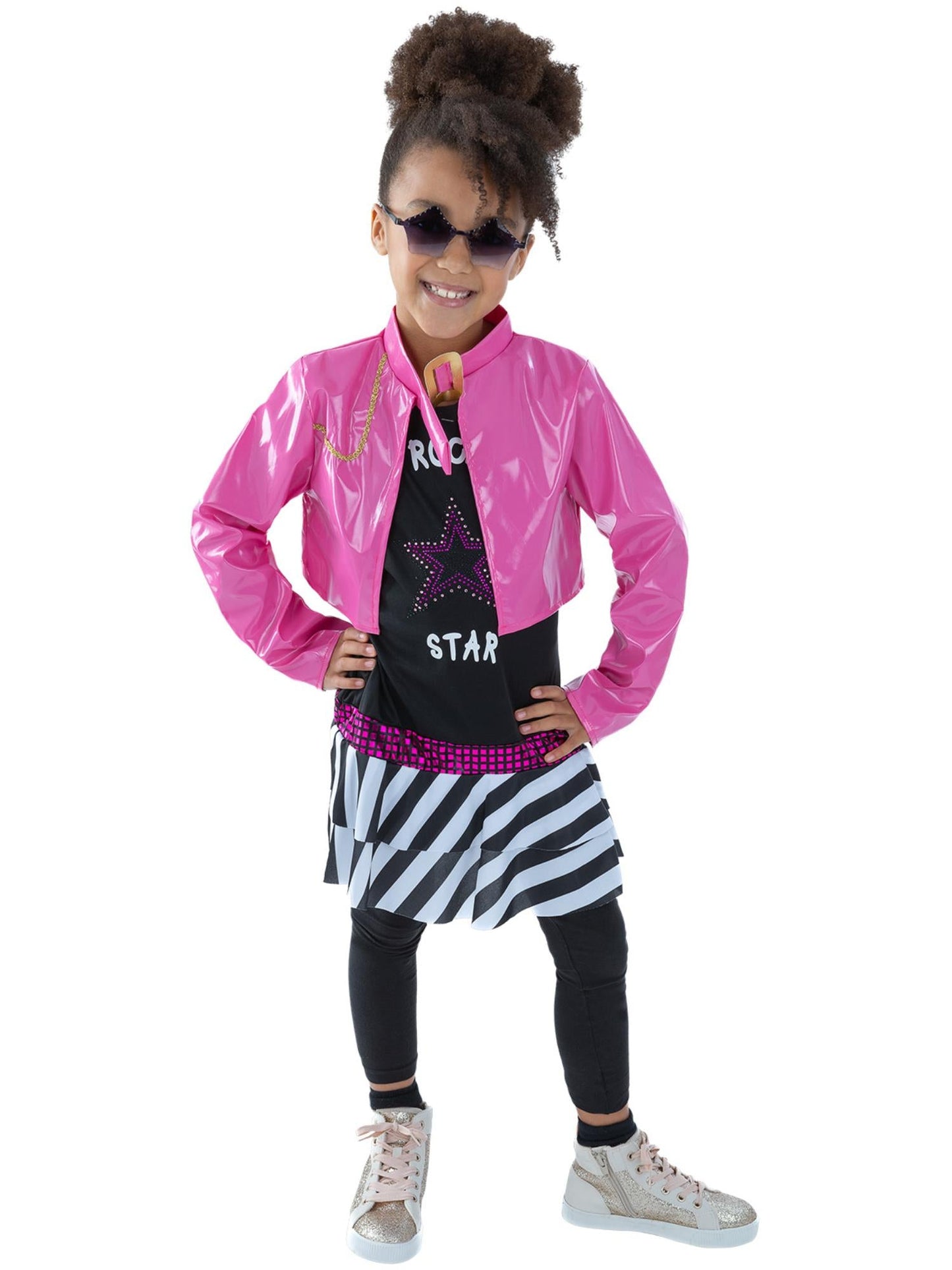Rockstar Glam Pink Vinyl Jacket Costume Kids | 80s Style Gold Trim