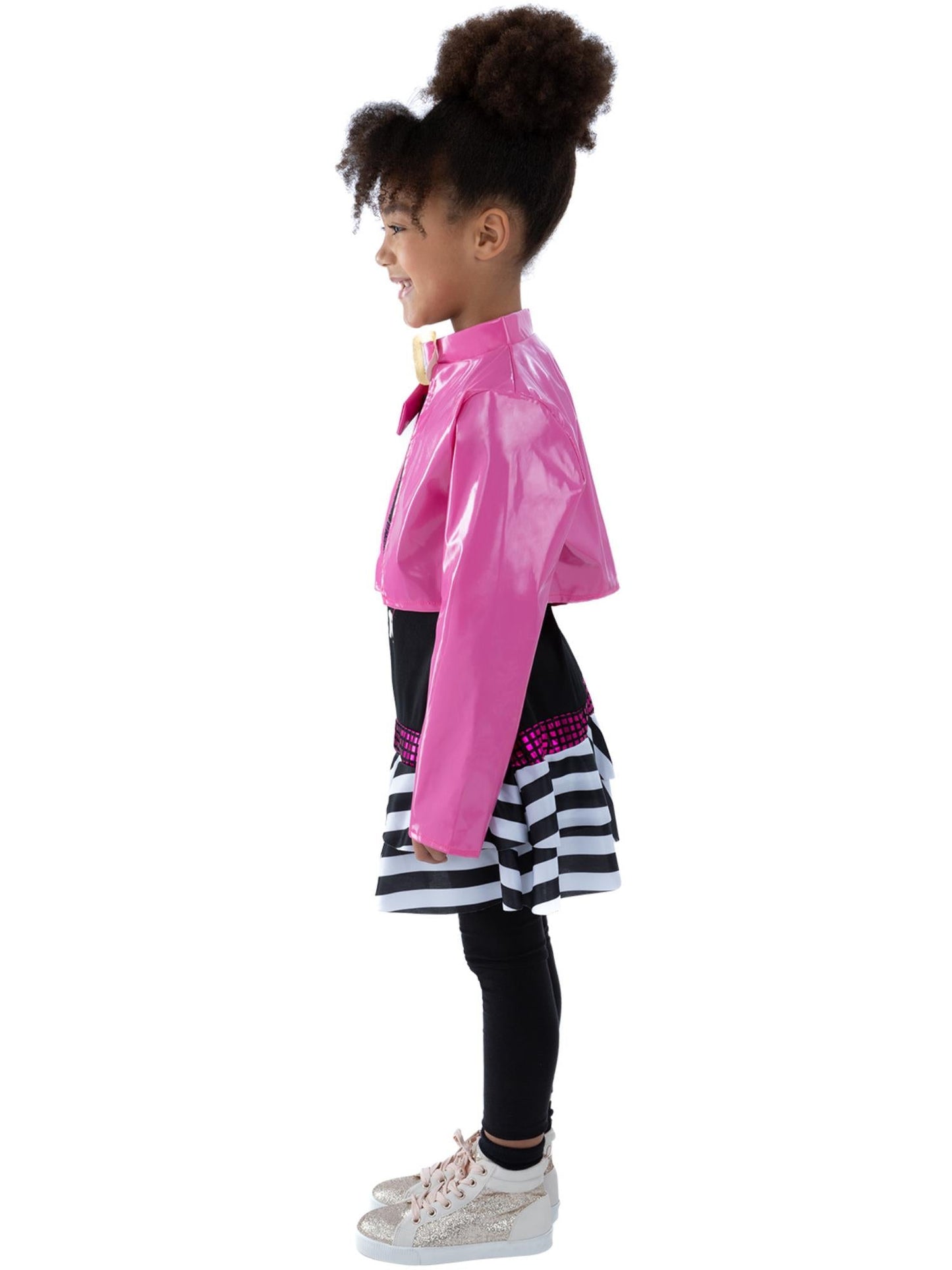 Rockstar Glam Pink Vinyl Jacket Costume Kids | 80s Style Gold Trim