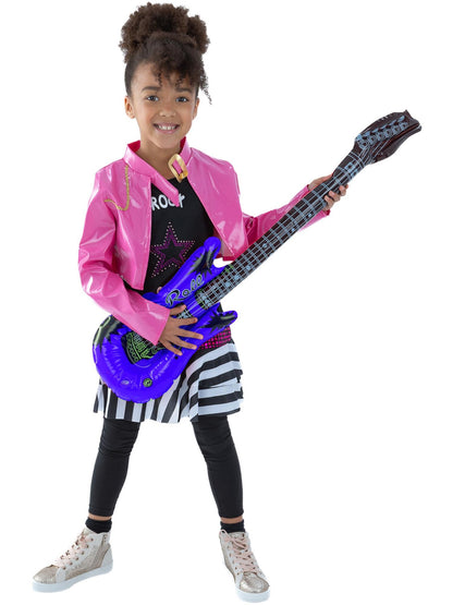 Rockstar Glam Pink Vinyl Jacket Costume Kids | 80s Style Gold Trim