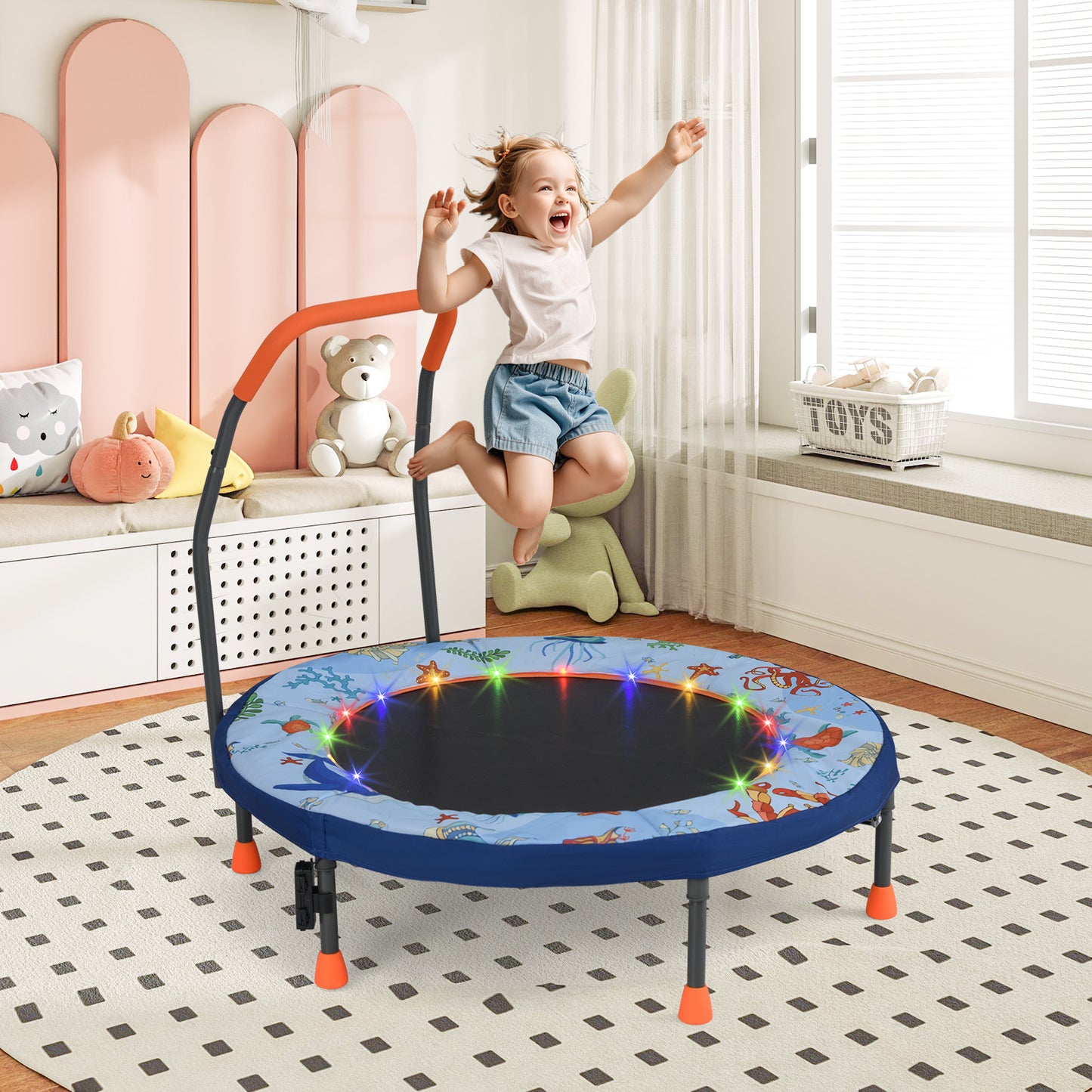 36 Inch Mini Trampoline Foldable for Kids with LED Lights and Handlebar-Blue