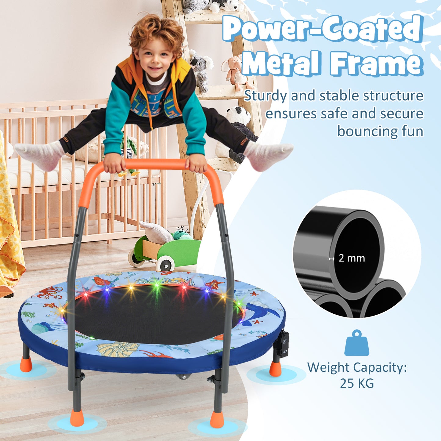 36 Inch Foldable Kids Trampoline | LED Lights Handlebar Blue