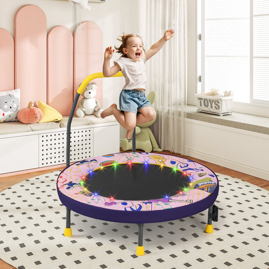 Costway 36 Inch Mini Trampoline Foldable for Kids with LED Lights and Handlebar-Pink