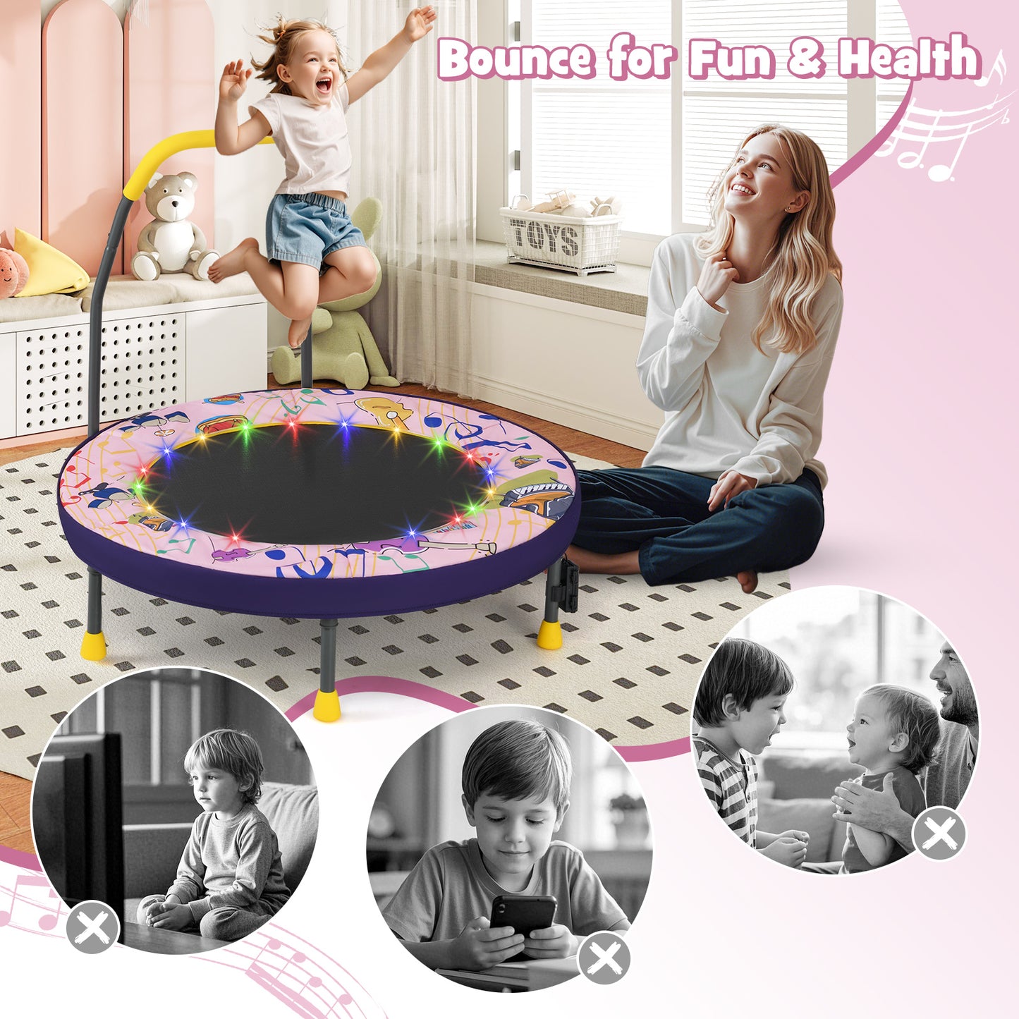 Pink Mini Trampoline for Kids | LED Lights & Foldable 36 Inch