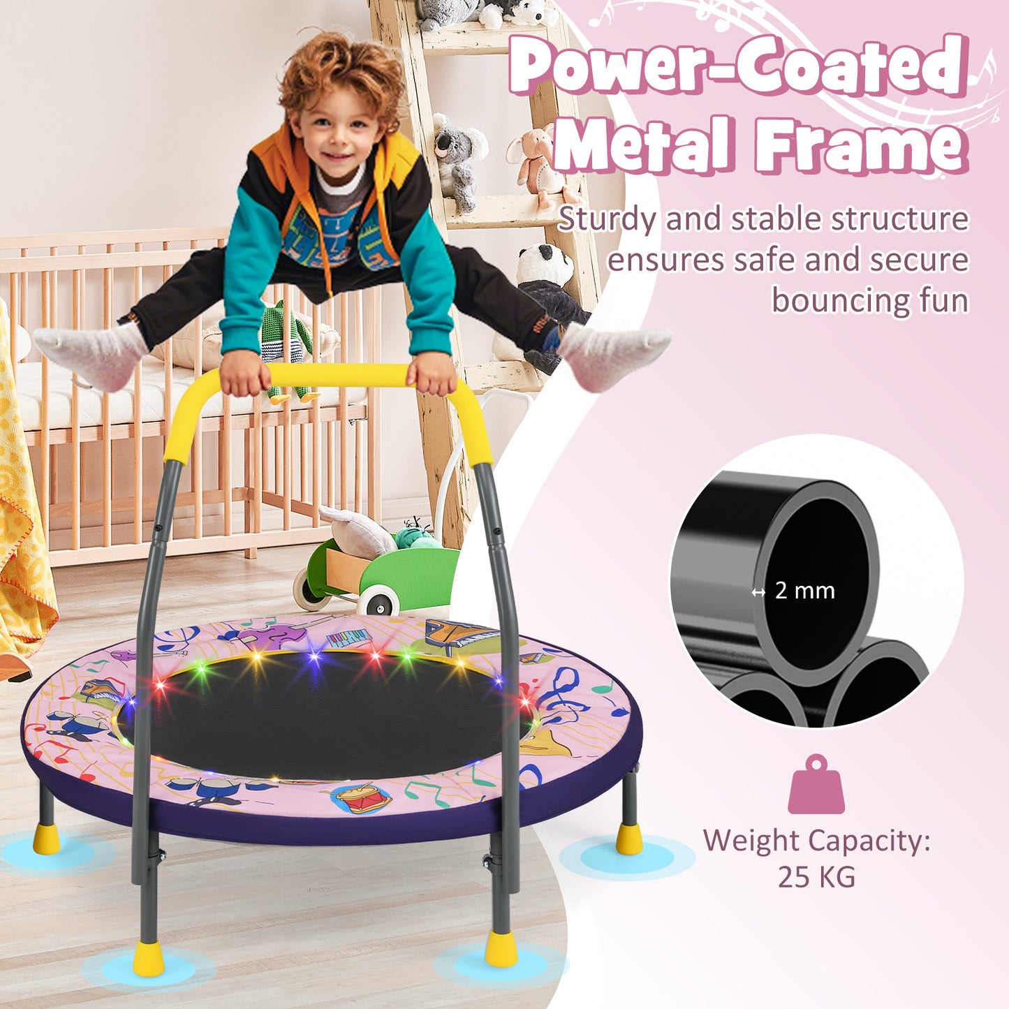 Pink Mini Trampoline for Kids | LED Lights & Foldable 36 Inch