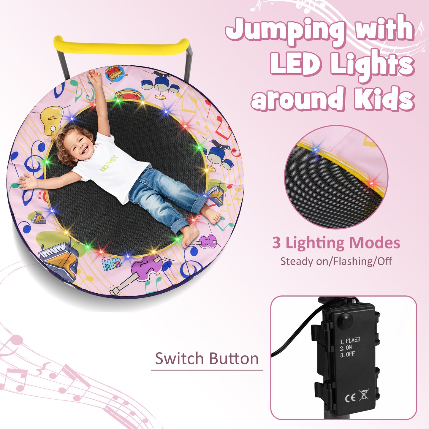 Pink Mini Trampoline for Kids | LED Lights & Foldable 36 Inch