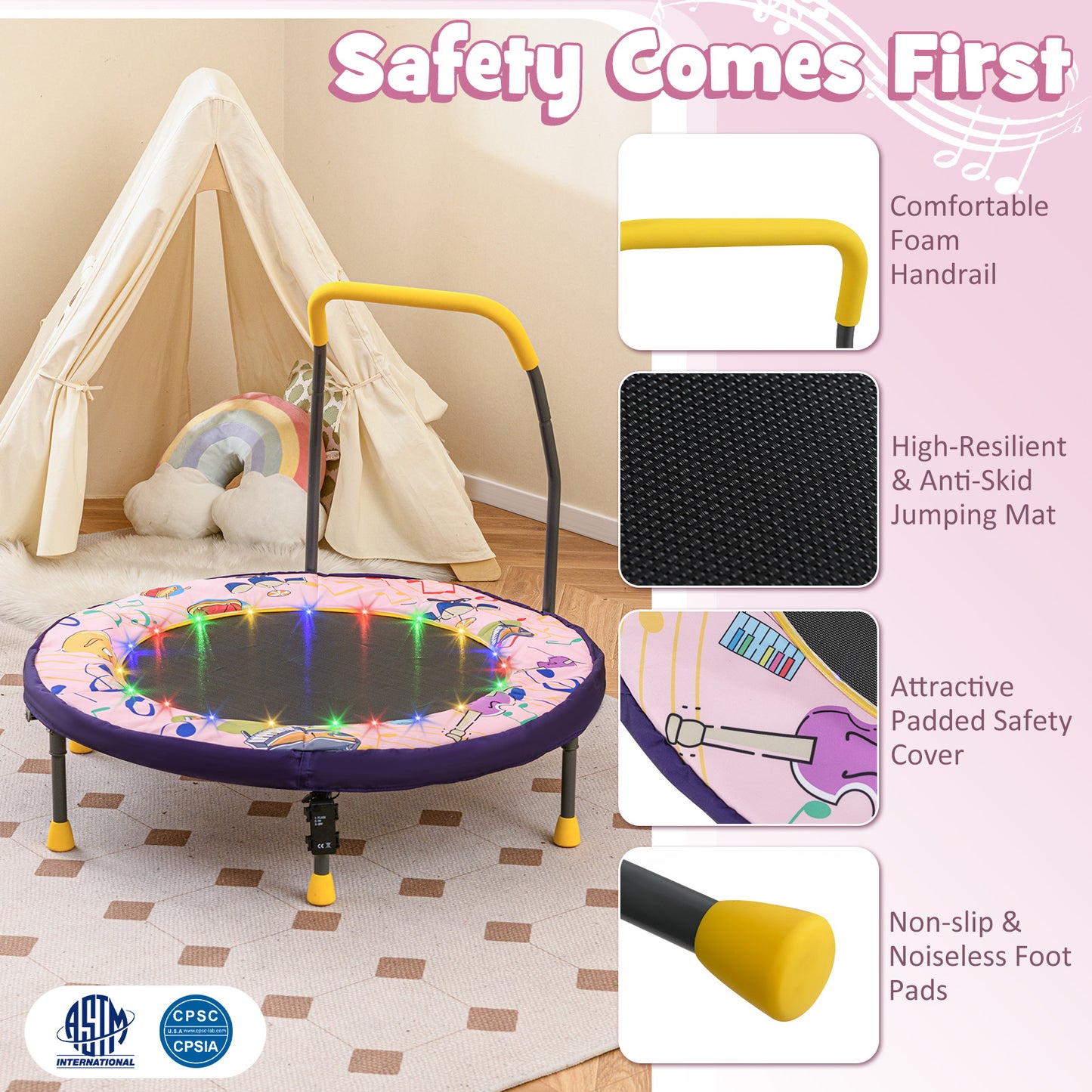 Pink Mini Trampoline for Kids | LED Lights & Foldable 36 Inch