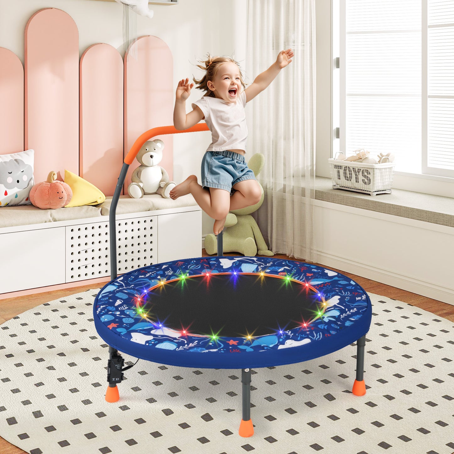 36 Inch Mini Trampoline Foldable for Kids with LED Lights and Handlebar-Navy