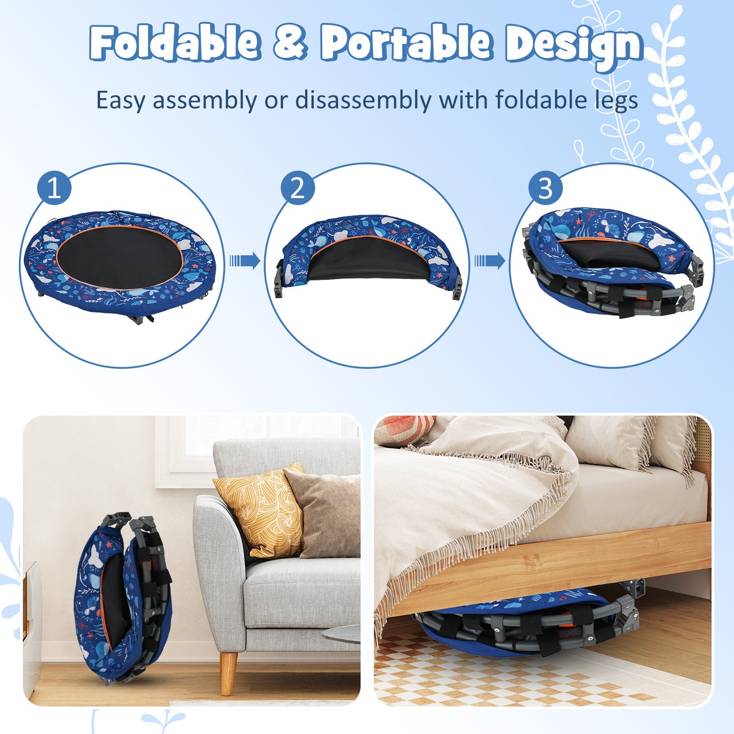 36 Inch Foldable Kids Trampoline | LED Lights Handlebar Navy
