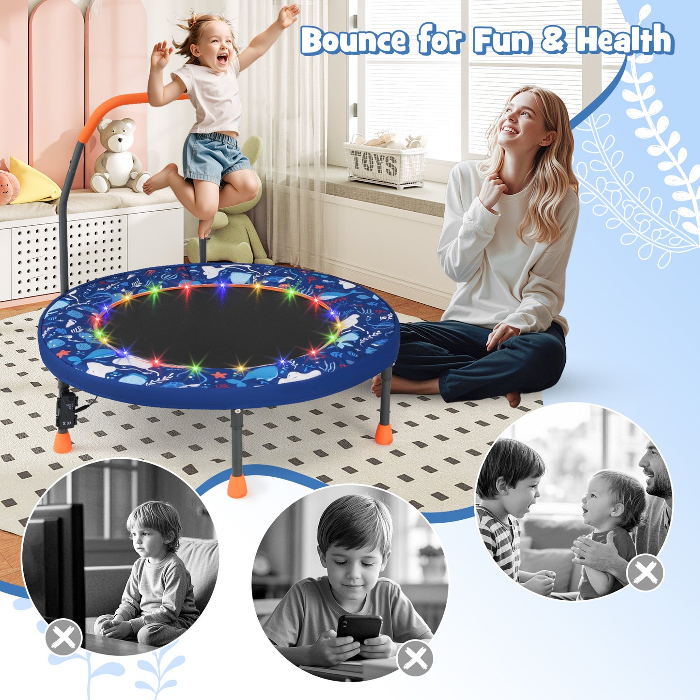 36 Inch Foldable Kids Trampoline | LED Lights Handlebar Navy