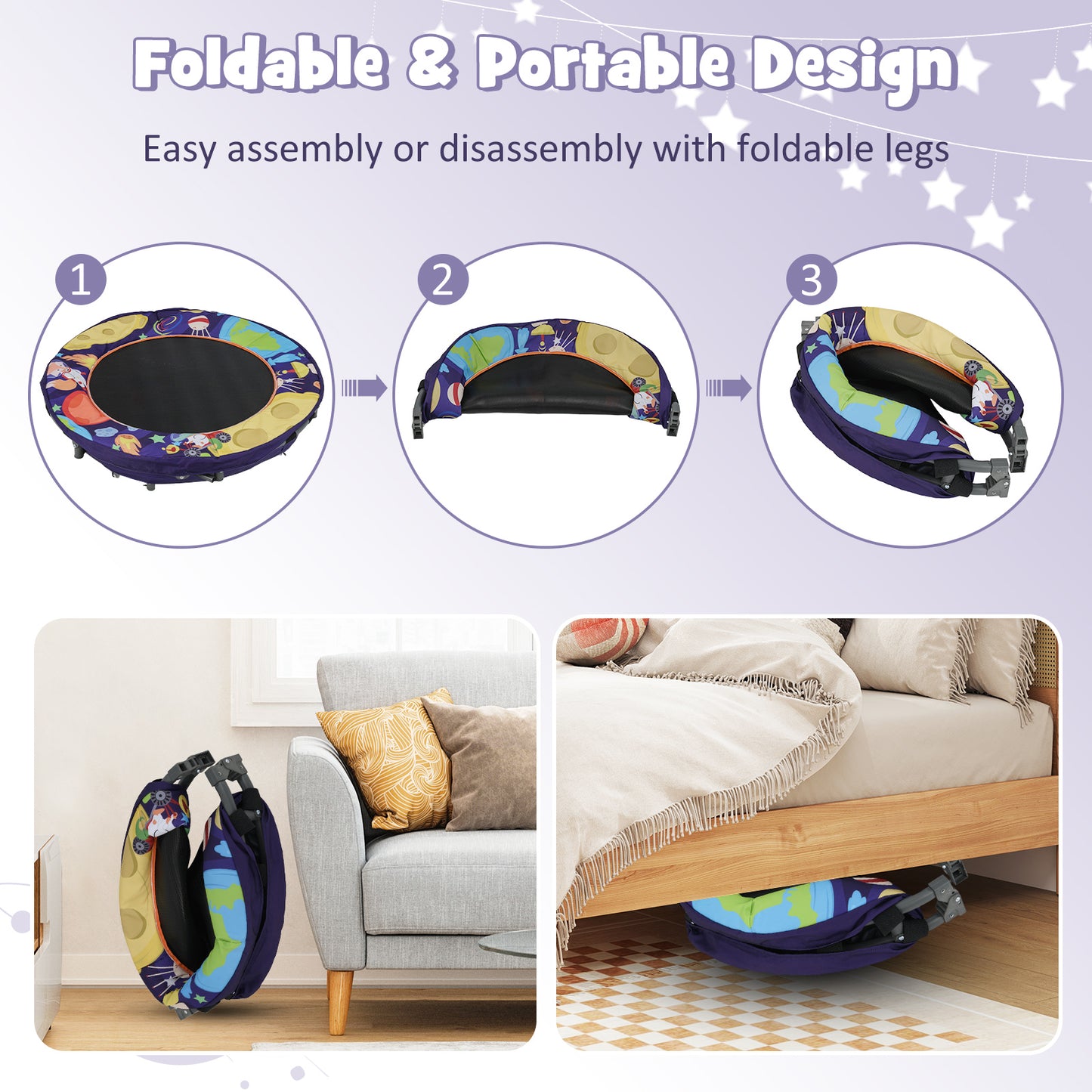 36" Purple Kids Trampoline | 20 LED Lights & Foldable Design