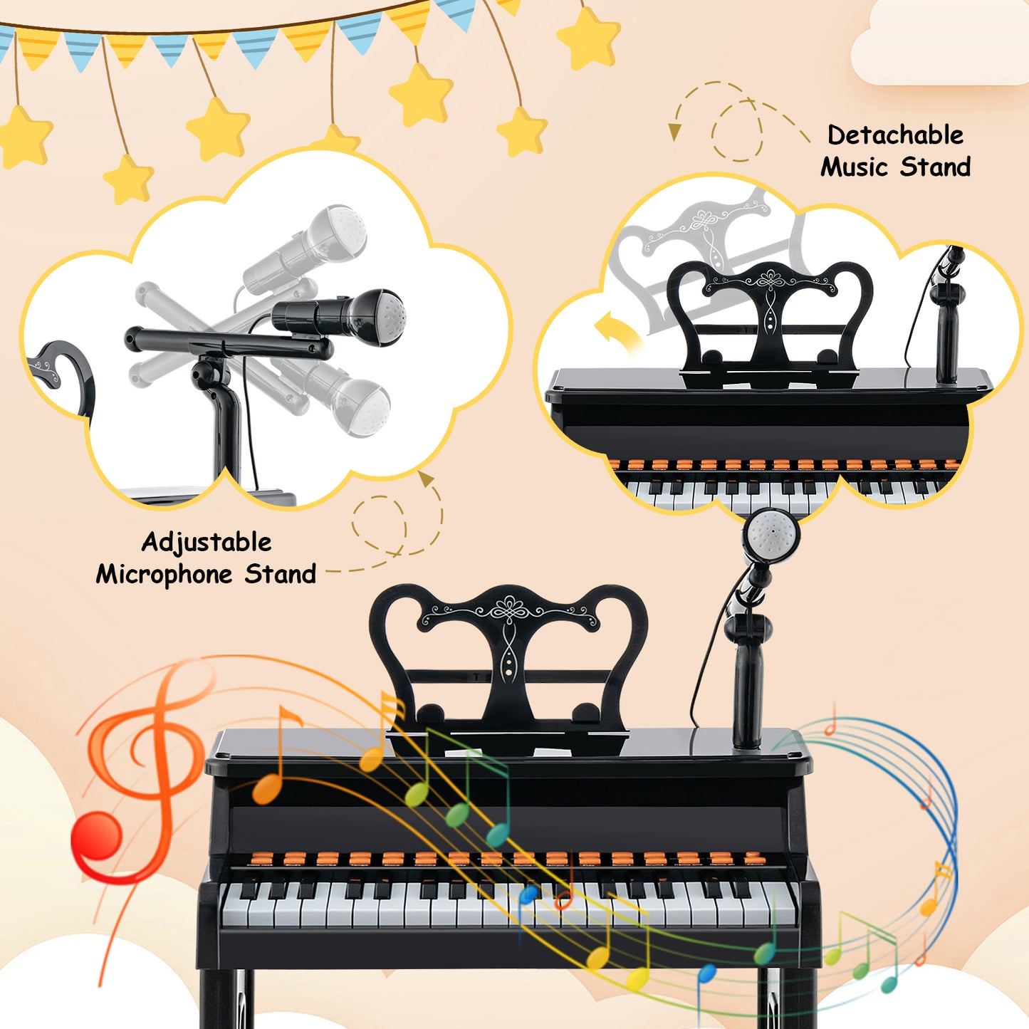 37-Key Kids Piano Keyboard with Mic & Stool | Black