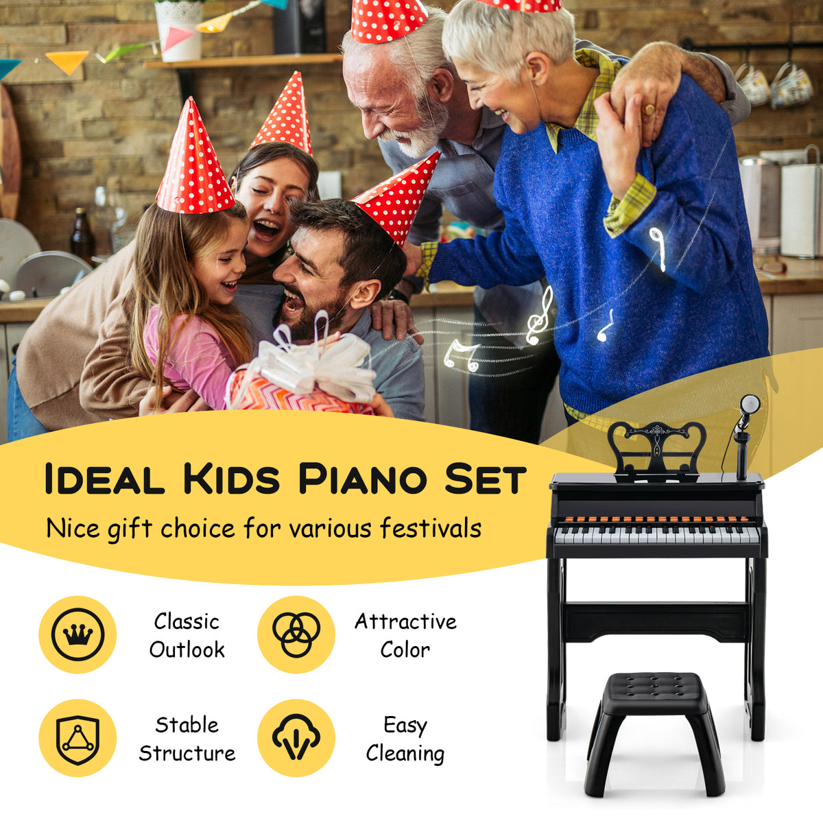 37-Key Kids Piano Keyboard with Mic & Stool | Black
