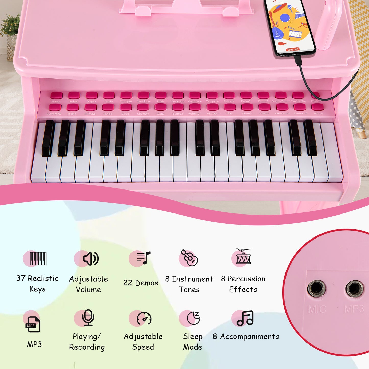 Pink 37 Key Kids Piano Keyboard Toy | Microphone & Music Stand