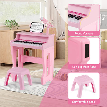 Pink 37 Key Kids Piano Keyboard Toy | Microphone & Music Stand