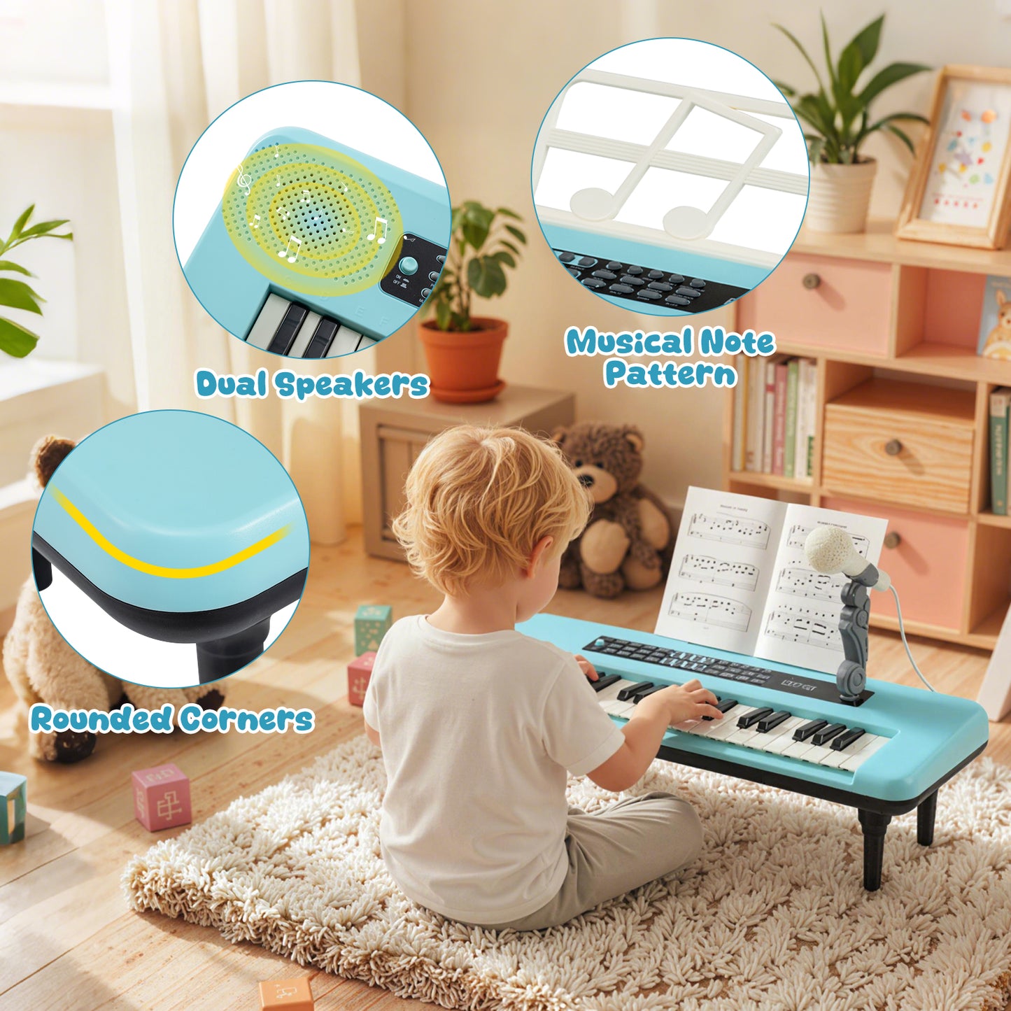 Blue 37 Key Kids Piano Keyboard | Microphone Music Stand