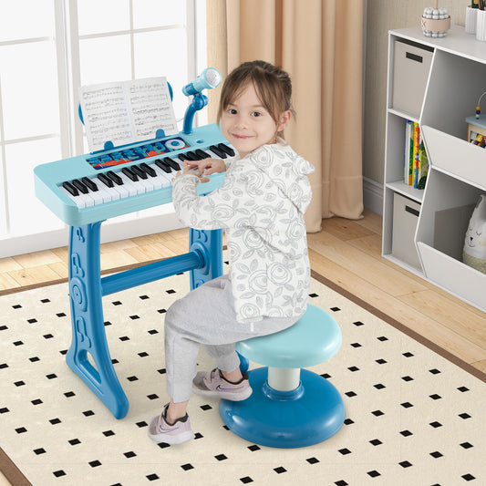 37 Key Piano Keyboard with Microphone & Stool | Blue Kids Toy