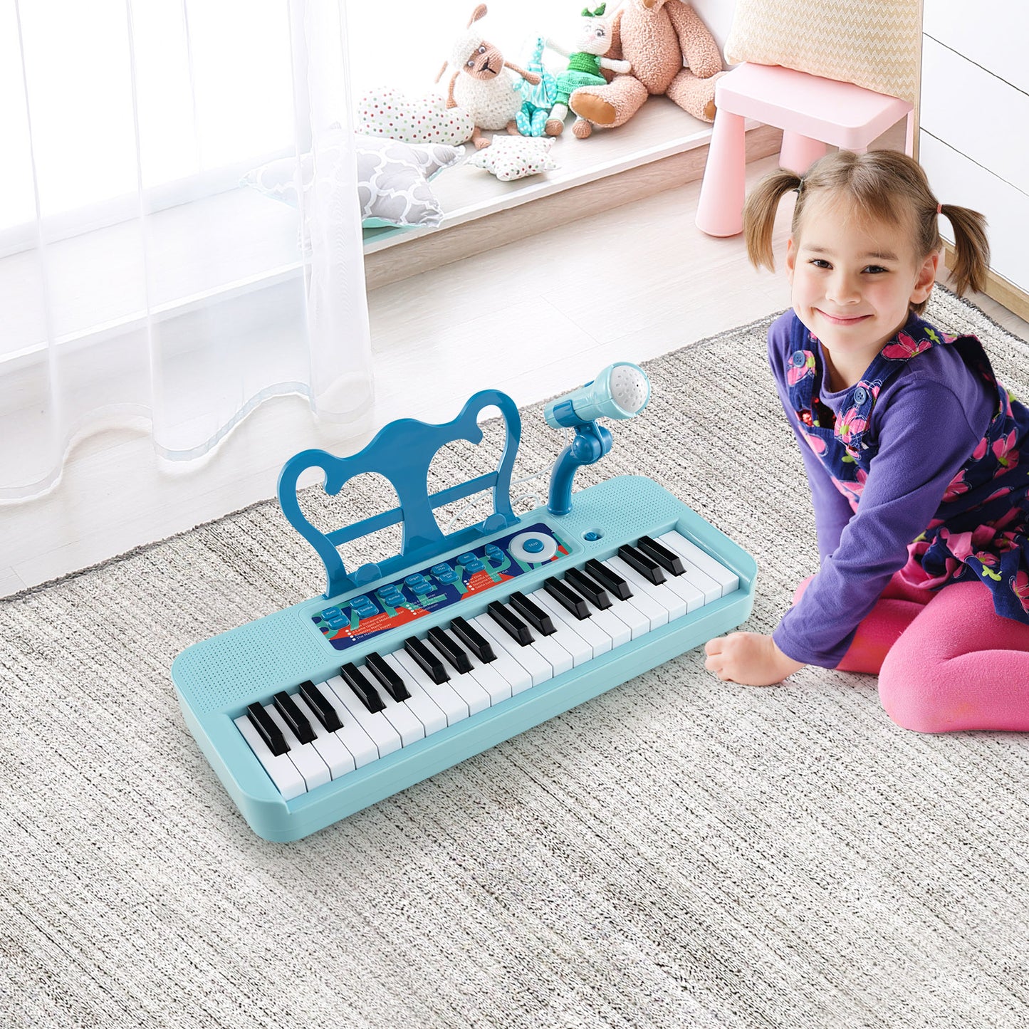 37 Key Piano Keyboard with Microphone & Stool | Blue Kids Toy