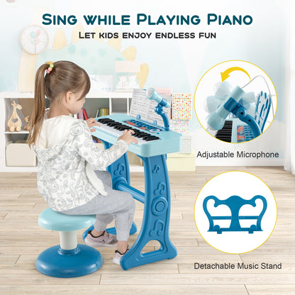 37 Key Piano Keyboard with Microphone & Stool | Blue Kids Toy