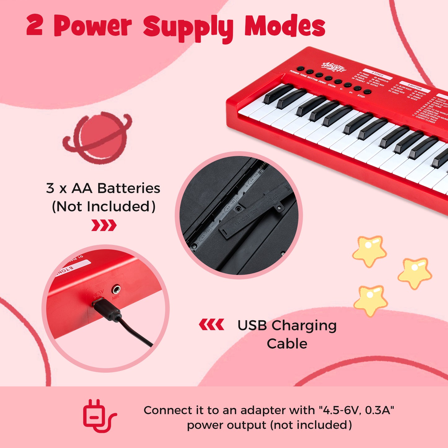 37 Key Electric Piano Keyboard with Microphone | Red
