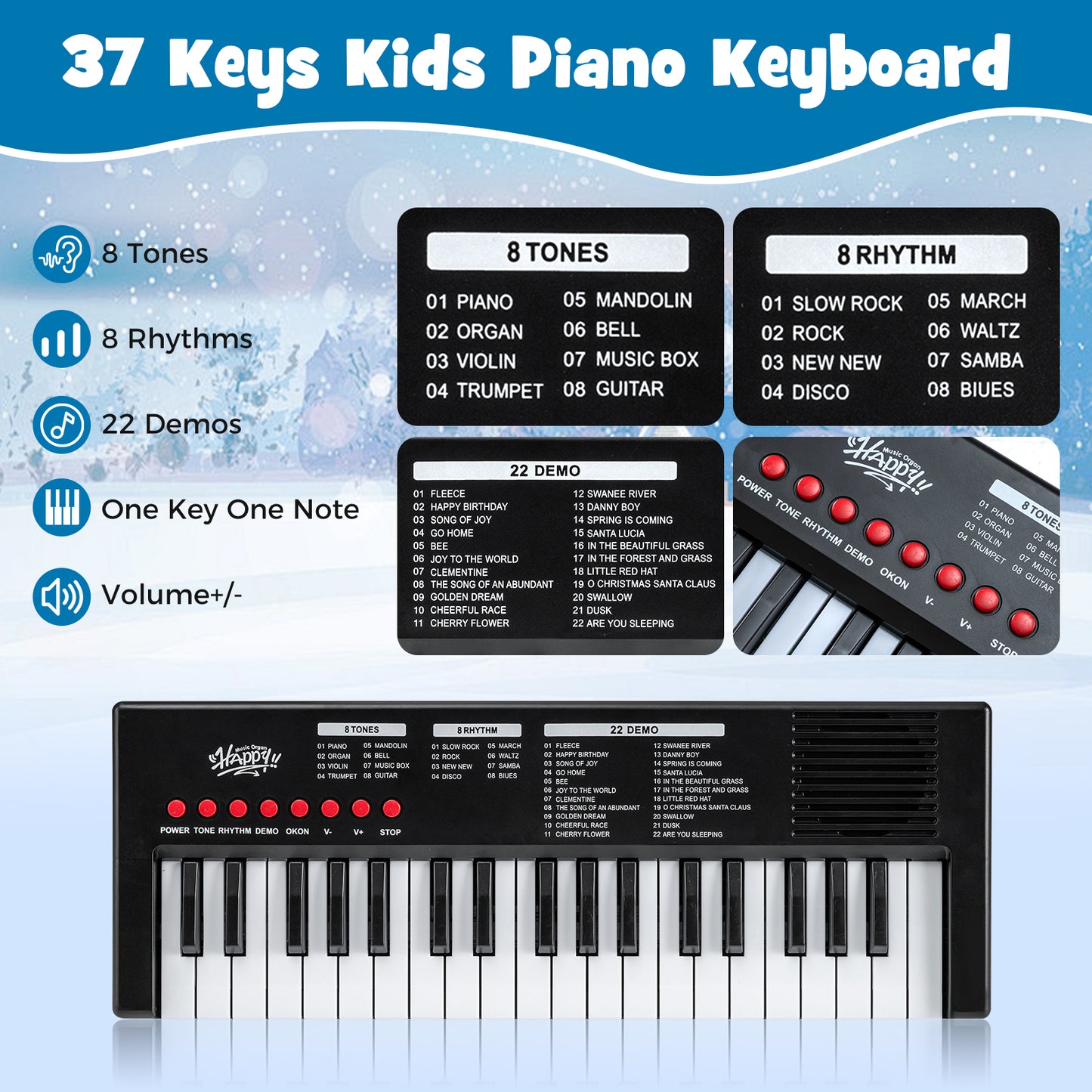 37 Key Portable Electric Keyboard Piano | Microphone | Black