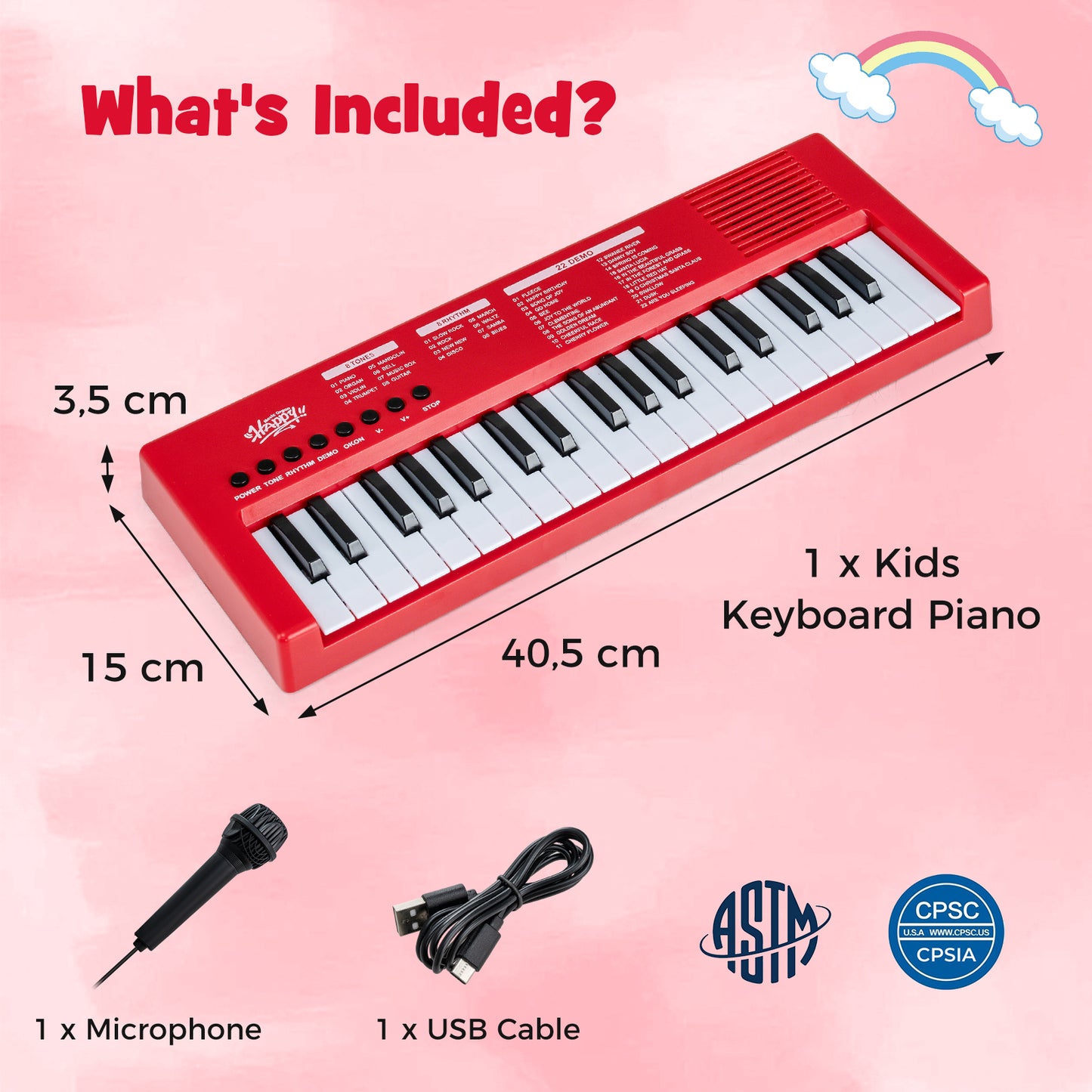 37 Key Electric Piano Keyboard with Microphone | Red