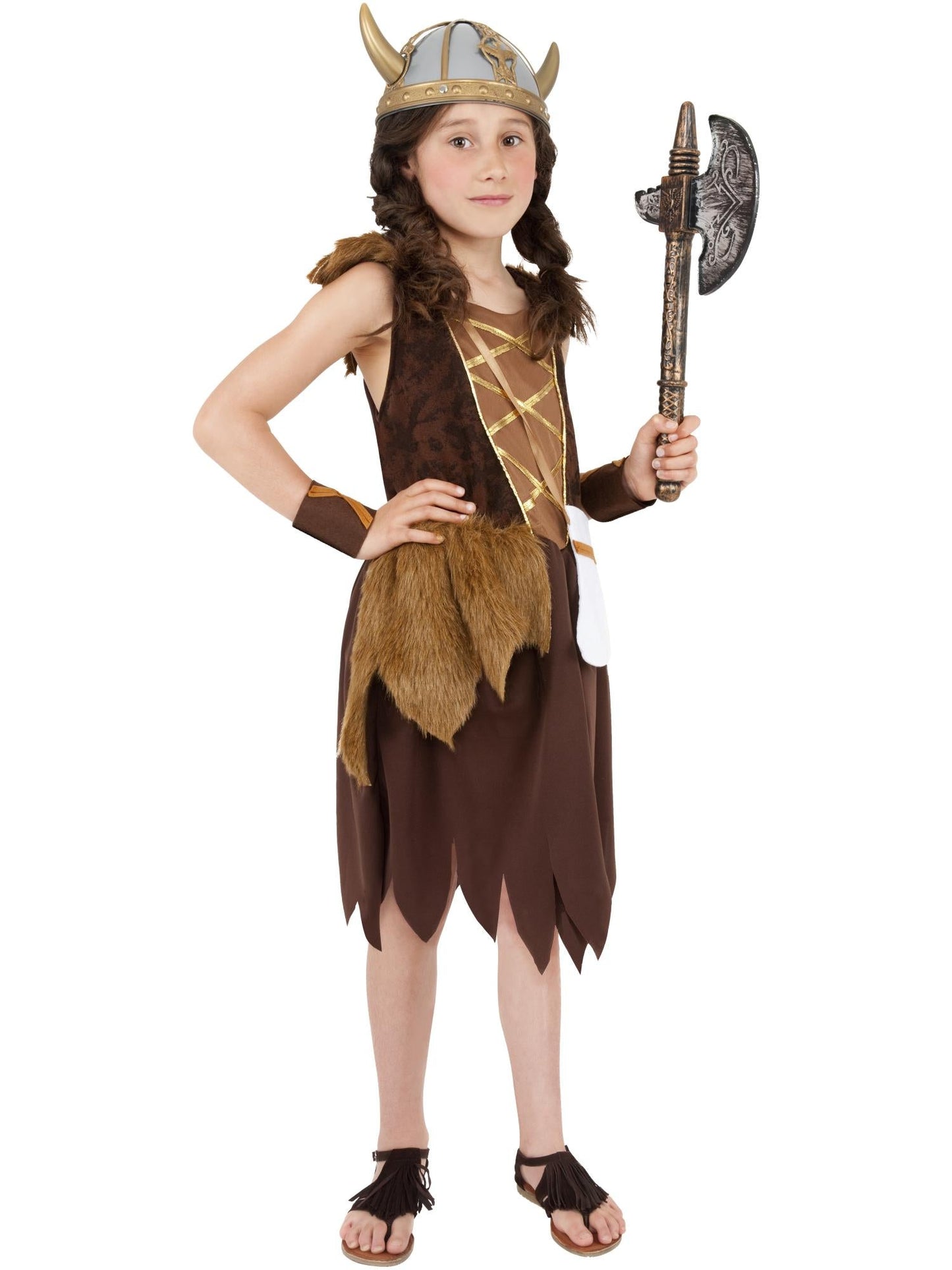 Viking Girl Costume | Brown Faux Fur Dress with Wrist Cuffs