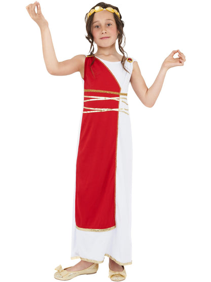Grecian Girl Costume | Red White Greek Goddess Dress with Gold Trim