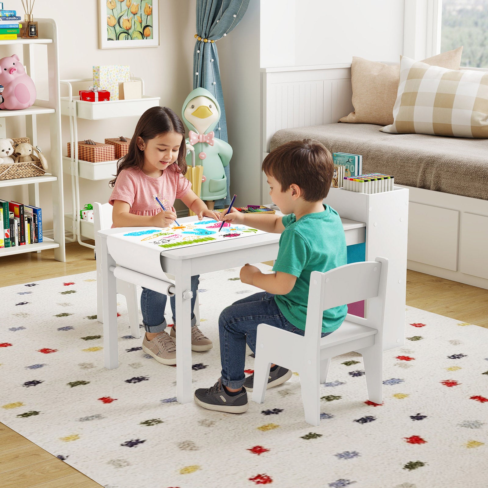 Costway Wooden Kids Art Craft Study Table and Chairs Set with Paper Roll-White
