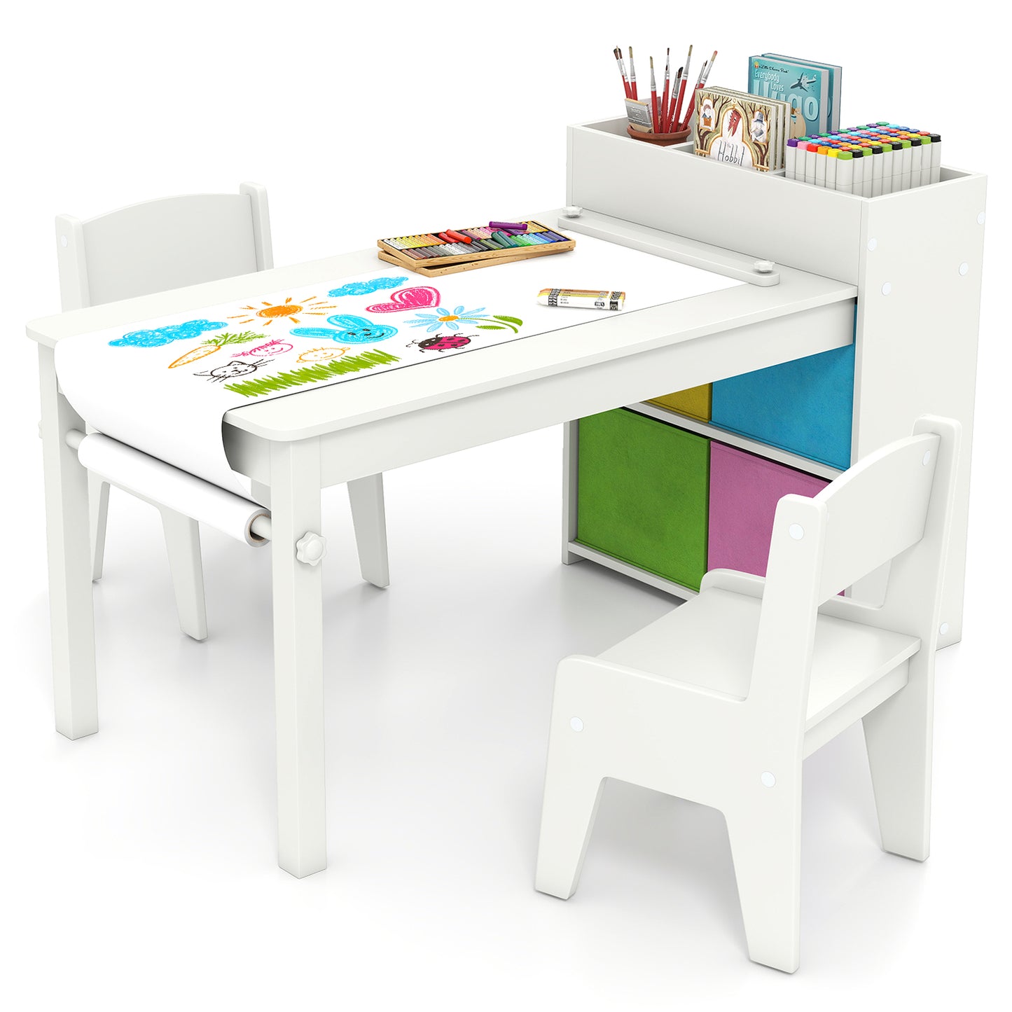 White Kids Art Table & Chair Set | Paper Roll Holder Storage