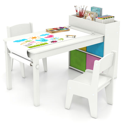 White Kids Art Table & Chair Set | Paper Roll Holder Storage