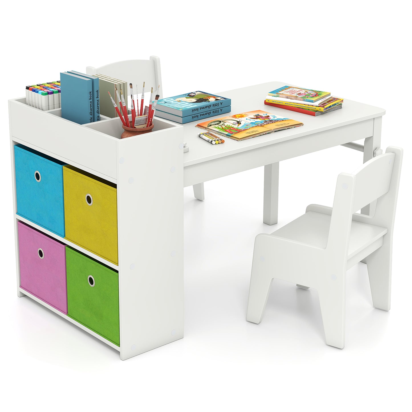 White Kids Art Table & Chair Set | Paper Roll Holder Storage