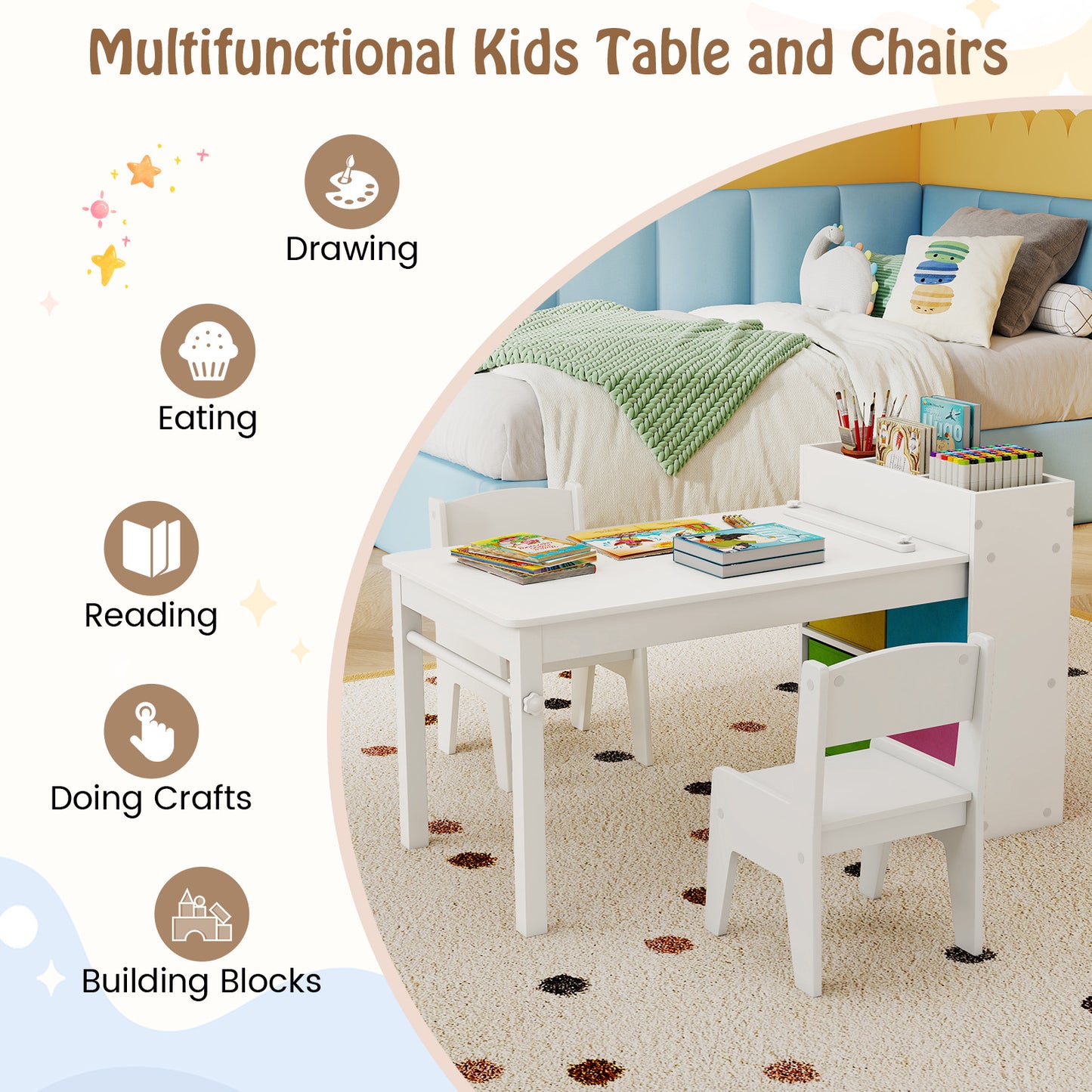 White Kids Art Table & Chair Set | Paper Roll Holder Storage