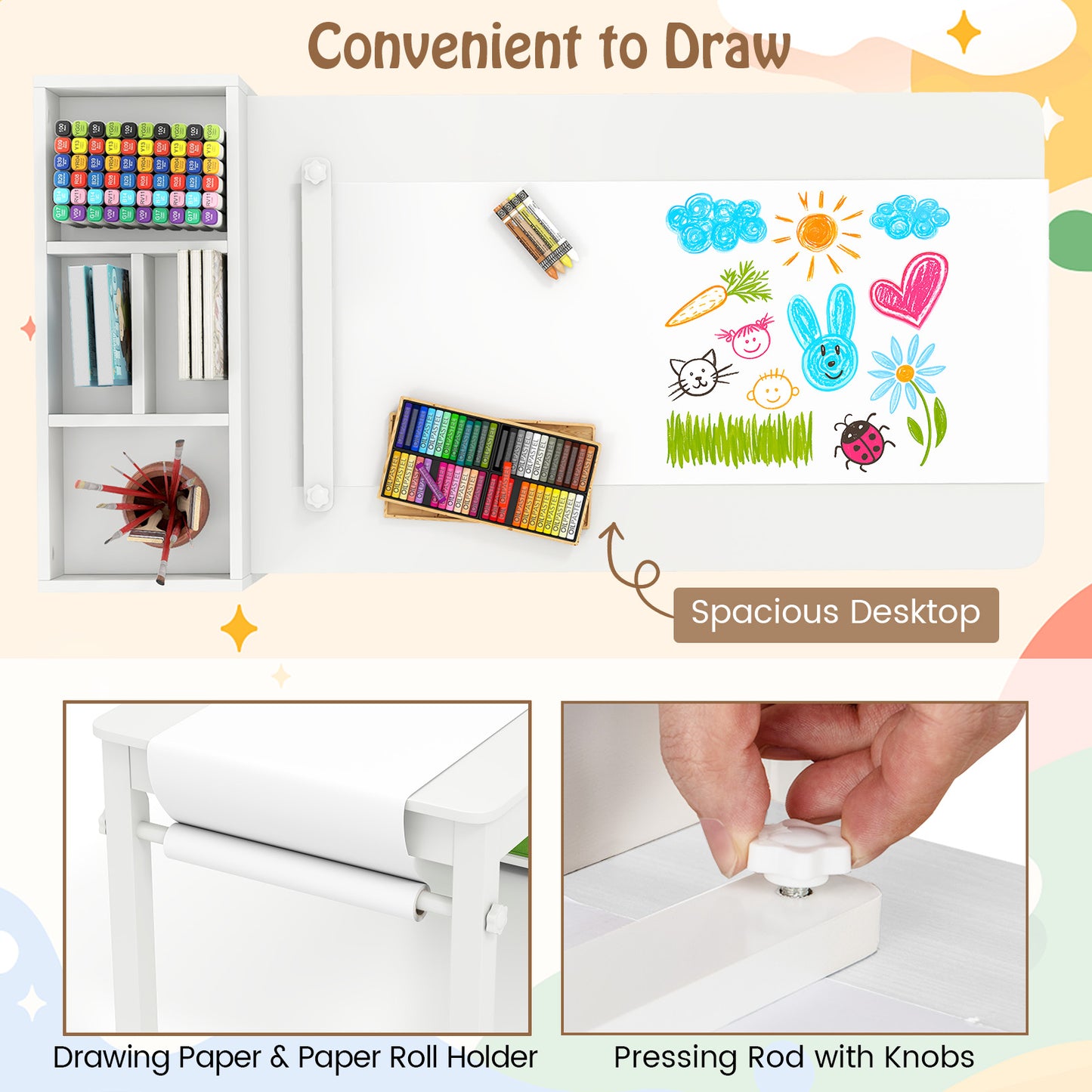 White Kids Art Table & Chair Set | Paper Roll Holder Storage