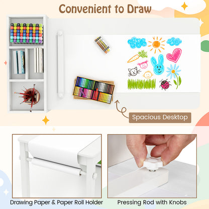 White Kids Art Table & Chair Set | Paper Roll Holder Storage