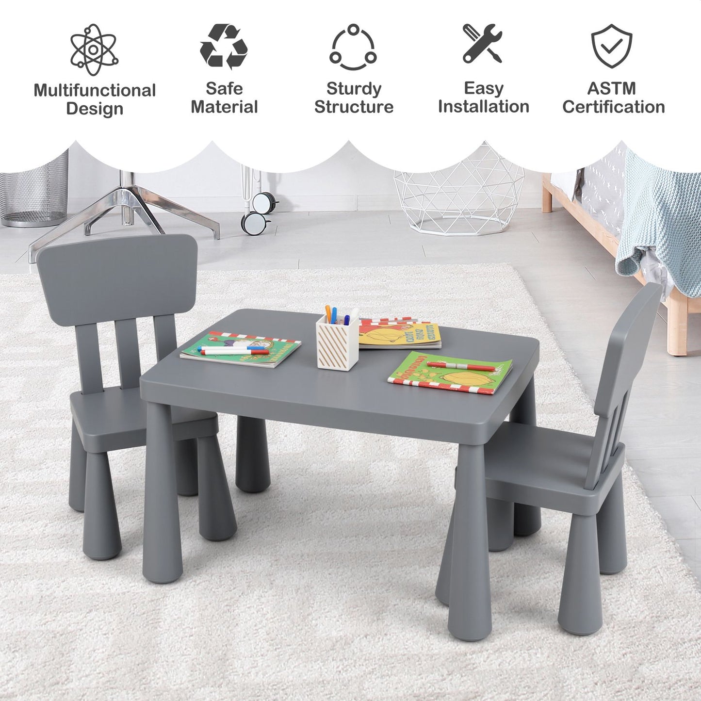 Grey Kids Table & 2 Chairs Set | Homework Drawing Activity Desk